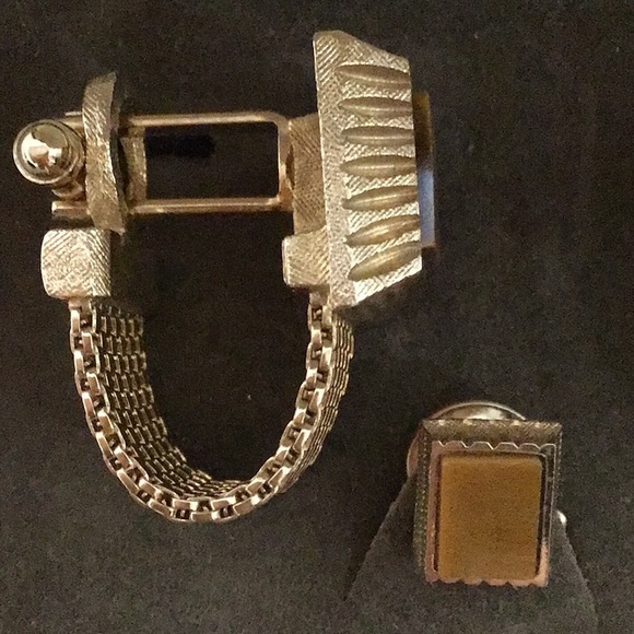 Vintage Dante Men’s Genuine Onyx Mesh Wrap-Around Cufflink/Tie Pin Set - Picture 4 of 6